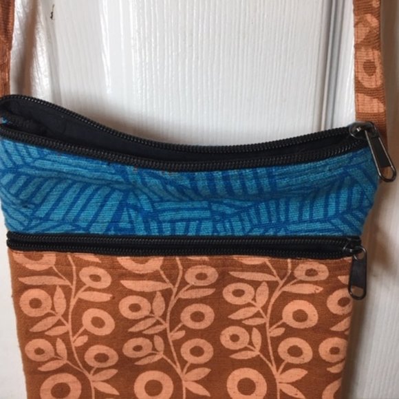 Rising Tide Boho Orange Blue Cotton Cross Body Shoulder Bag 7.5"x10" - Picture 5 of 7